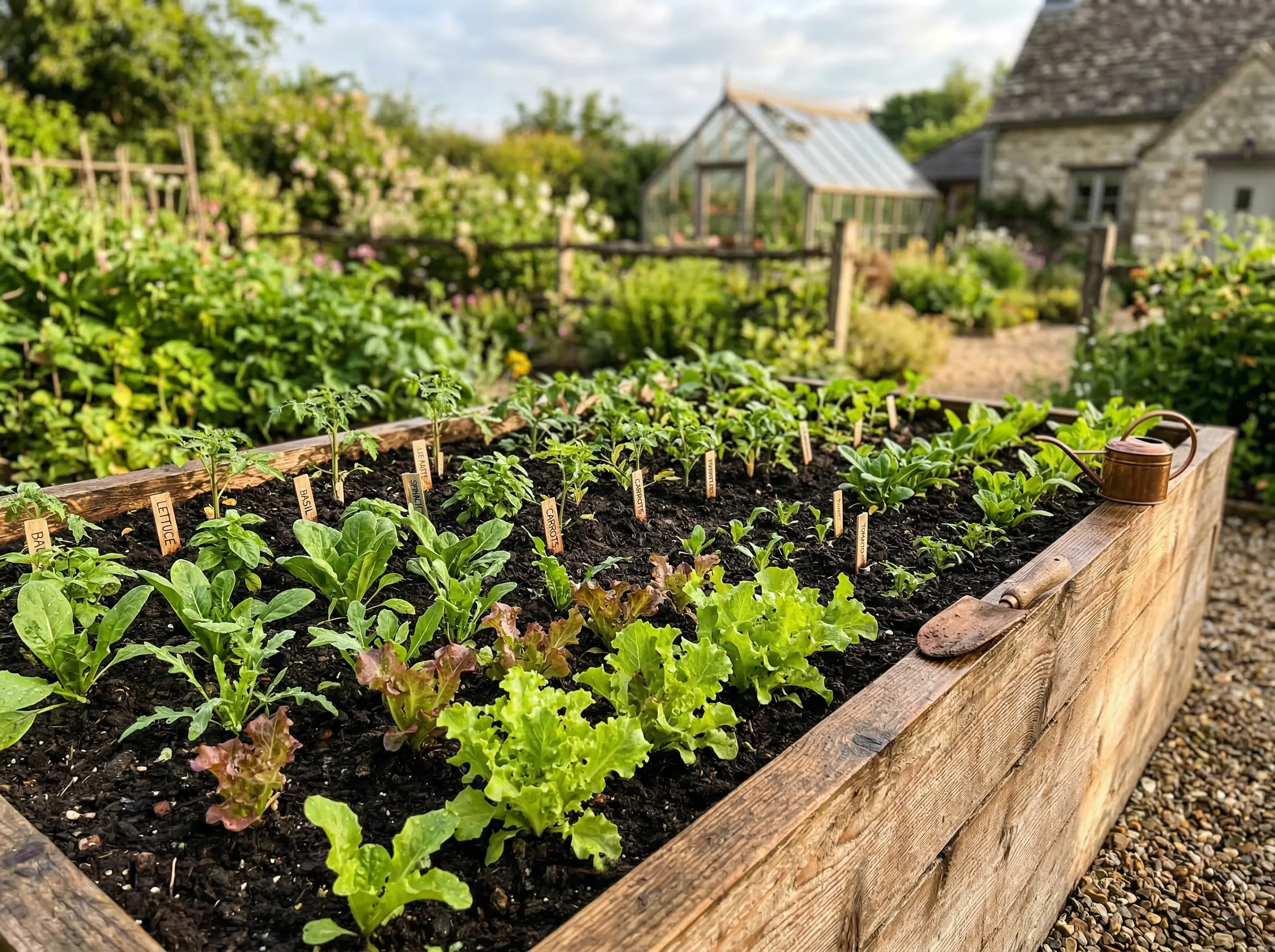 Beautiful raised garden bed filled with premium dark soil with thriving vegetable plants