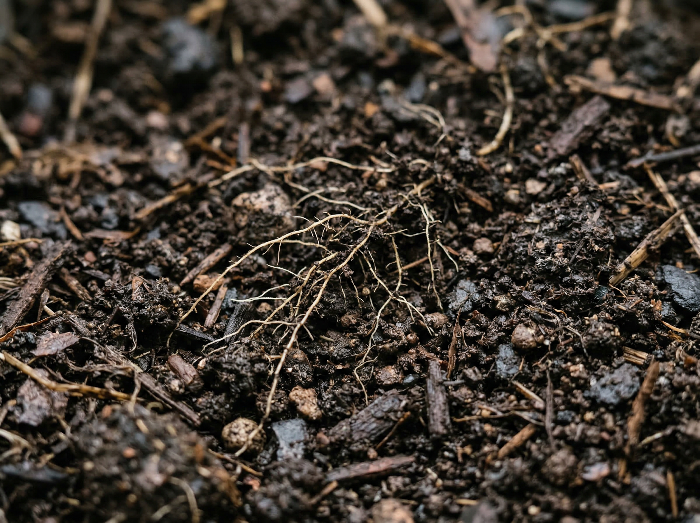 Rich dark organic compost with visible organic matter and texture