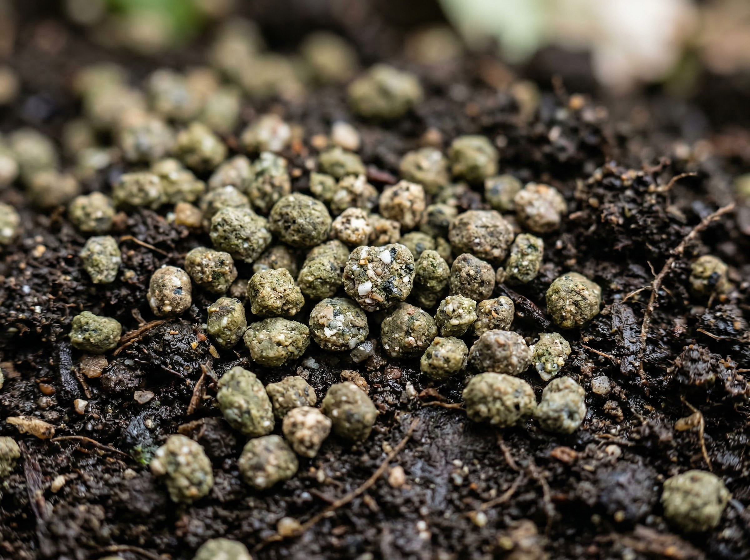 Organic granular fertilizer on dark soil