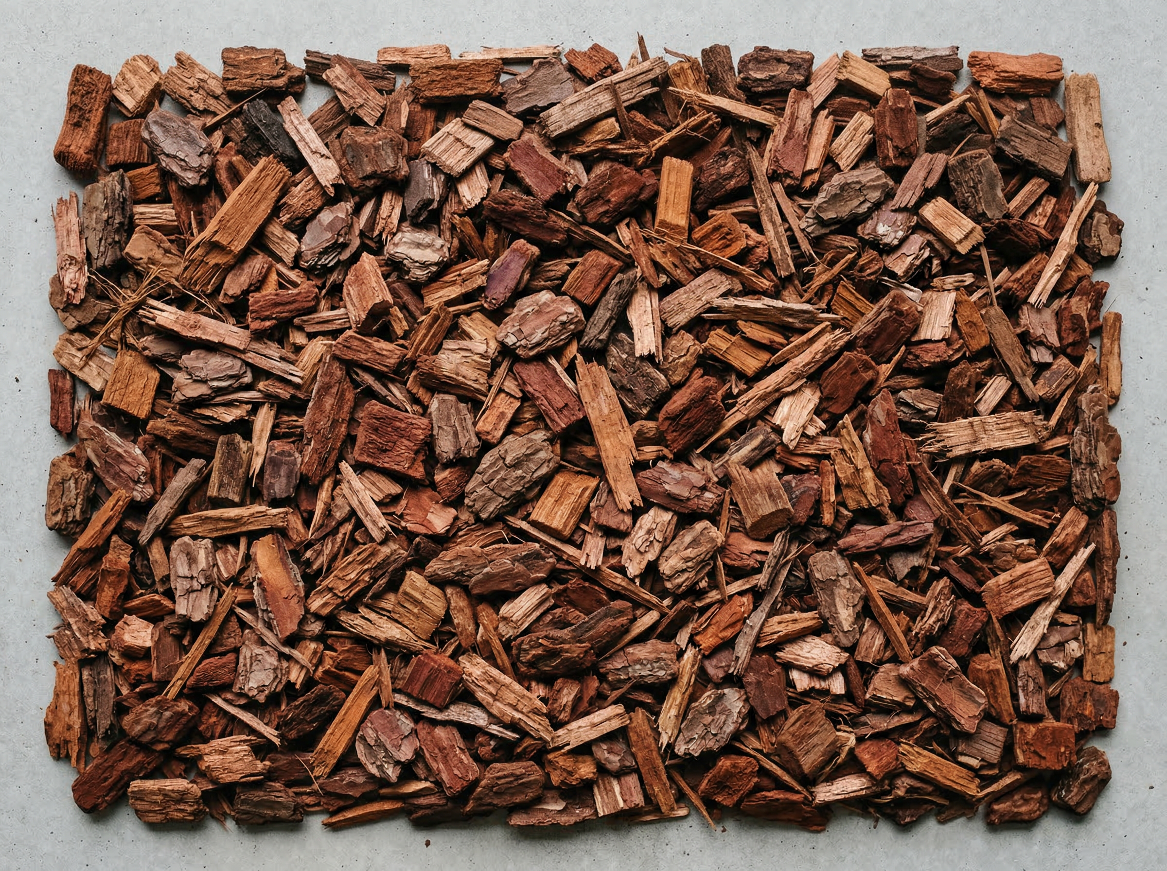 Premium natural wood chip mulch in warm browns and reds