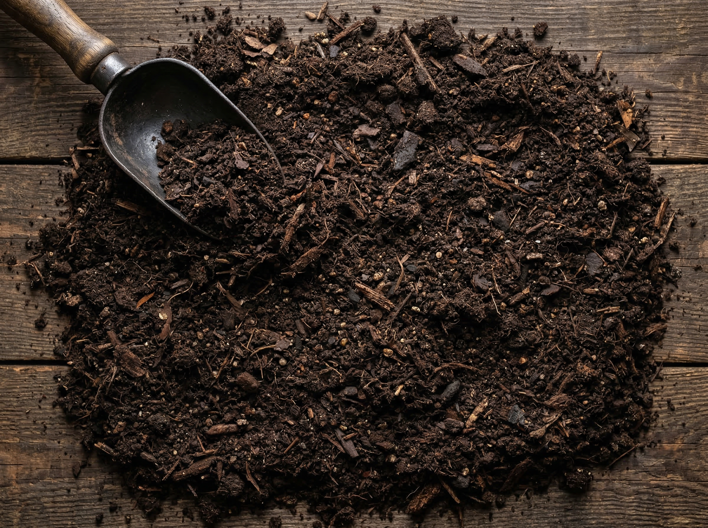 Premium dark enriched garden topsoil blend with garden trowel