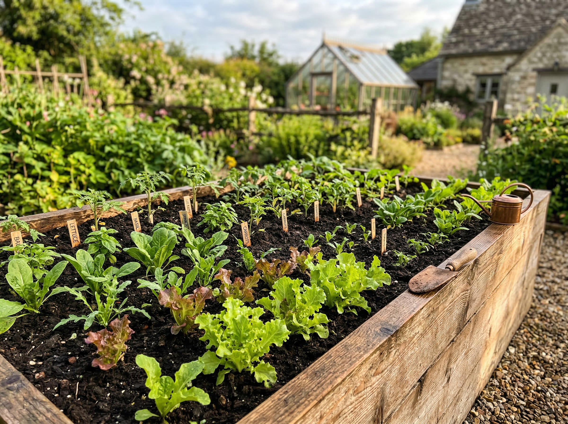 Beautiful raised garden bed filled with premium dark soil with thriving vegetable plants